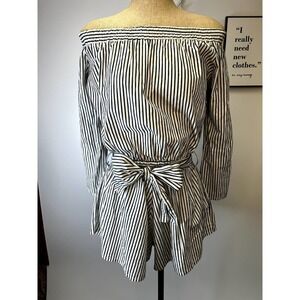 Faithful the Brand White and Blue Stripped Offshoulder Romper SZ 2